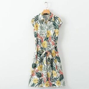 ZARA Dress Bright Tropical Hawaii Floral Knee Length Sleeveless 1/2 Lined SizeXS